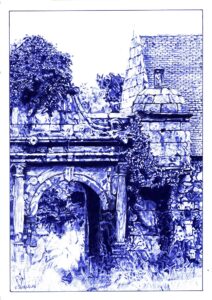 "Un p’tit coin d’paradis" - Reproduction numérotée de 1 à 40 et signée de l'artiste. Dessin original réalisé au stylo-bille Bic bleu, sur papier lisse multitechnique 250g/m² au format A3 - Reproduction en tirage laser sur papier lisse 210g/m² au format A3.