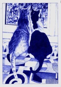 "L’amour, c’est regarder ensemble dans la même direction" - Reproduction numérotée de 1 à 40 et signée de l'artiste. Dessin original réalisé au stylo-bille Bic bleu, sur papier lisse multitechnique 250g/m² au format A3 - Reproduction en tirage laser sur papier lisse 210g/m² au format A3.