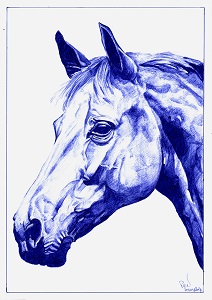 "Cheval l’dire à ma mère" - Reproduction numérotée de 1 à 40 et signée de l'artiste. Dessin original réalisé au stylo-bille Bic bleu, sur papier lisse multitechnique 250g/m² au format A3 - Reproduction en tirage laser sur papier lisse 210g/m² au format A3.