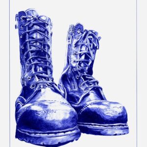 "Mes souliers ont beaucoup voyagé" - Reproduction numérotée de 1 à 40 et signée de l'artiste. Dessin original réalisé au stylo-bille Bic bleu, sur papier lisse multitechnique 250g/m² au format A3 - Reproduction en tirage laser sur papier lisse 210g/m² au format A3.
