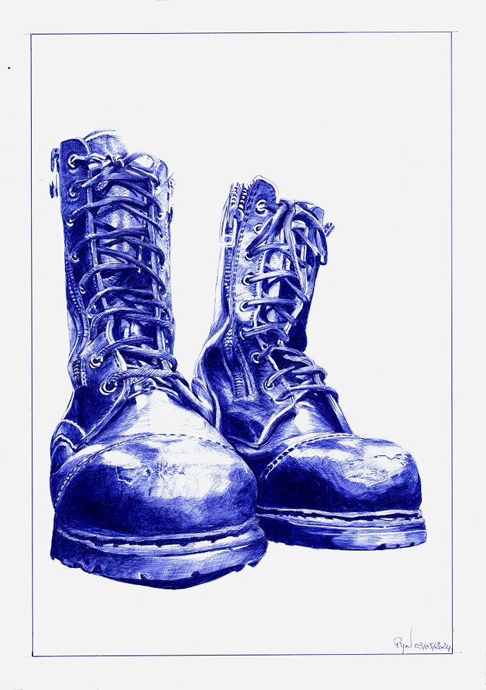 "Mes souliers ont beaucoup voyagé" - Reproduction numérotée de 1 à 40 et signée de l'artiste. Dessin original réalisé au stylo-bille Bic bleu, sur papier lisse multitechnique 250g/m² au format A3 - Reproduction en tirage laser sur papier lisse 210g/m² au format A3.