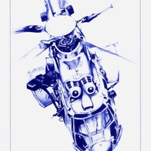 "Le vol du bourdon" - Reproduction numérotée de 1 à 40 et signée de l'artiste. Dessin original réalisé au stylo-bille Bic bleu, sur papier lisse multitechnique 250g/m² au format A3 - Reproduction en tirage laser sur papier lisse 210g/m² au format A3.