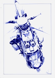 "Le vol du bourdon" - Reproduction numérotée de 1 à 40 et signée de l'artiste. Dessin original réalisé au stylo-bille Bic bleu, sur papier lisse multitechnique 250g/m² au format A3 - Reproduction en tirage laser sur papier lisse 210g/m² au format A3.