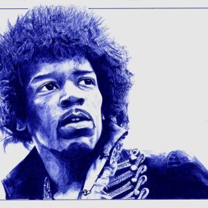 "Jimi ne veut pas mourir" - Reproduction numérotée de 1 à 40 et signée de l'artiste. Dessin original réalisé au stylo-bille Bic bleu, sur papier lisse multitechnique 250g/m² au format A3 - Reproduction en tirage laser sur papier lisse 210g/m² au format A3.