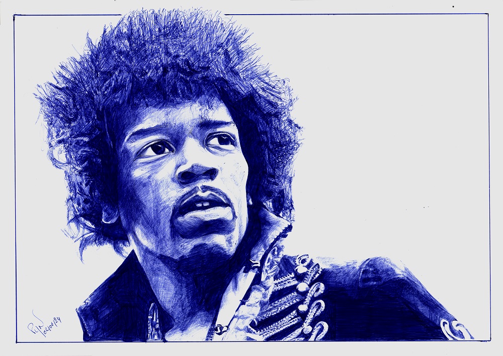 "Jimi ne veut pas mourir" - Reproduction numérotée de 1 à 40 et signée de l'artiste. Dessin original réalisé au stylo-bille Bic bleu, sur papier lisse multitechnique 250g/m² au format A3 - Reproduction en tirage laser sur papier lisse 210g/m² au format A3.