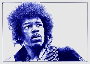 "Jimi ne veut pas mourir" - Reproduction numérotée de 1 à 40 et signée de l'artiste. Dessin original réalisé au stylo-bille Bic bleu, sur papier lisse multitechnique 250g/m² au format A3 - Reproduction en tirage laser sur papier lisse 210g/m² au format A3.