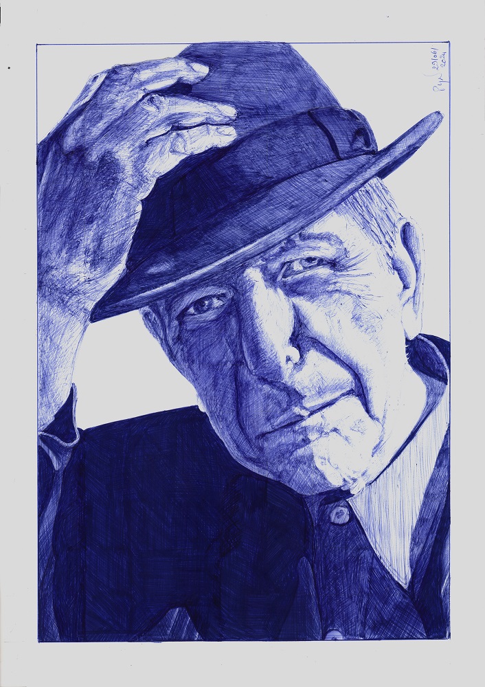 "Léonard vous salue bien" - Reproduction numérotée de 1 à 40 et signée de l'artiste. Dessin original réalisé au stylo-bille Bic bleu, sur papier lisse multitechnique 250g/m² au format A3 - Reproduction en tirage laser sur papier lisse 210g/m² au format A3.