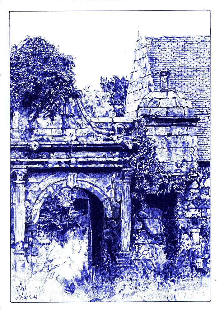 "Un p’tit coin d’paradis" - Reproduction numérotée de 1 à 40 et signée de l'artiste. Dessin original réalisé au stylo-bille Bic bleu, sur papier lisse multitechnique 250g/m² au format A3 - Reproduction en tirage laser sur papier lisse 210g/m² au format A3.