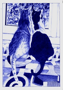 "L’amour, c’est regarder ensemble dans la même direction" - Reproduction numérotée de 1 à 40 et signée de l'artiste. Dessin original réalisé au stylo-bille Bic bleu, sur papier lisse multitechnique 250g/m² au format A3 - Reproduction en tirage laser sur papier lisse 210g/m² au format A3.