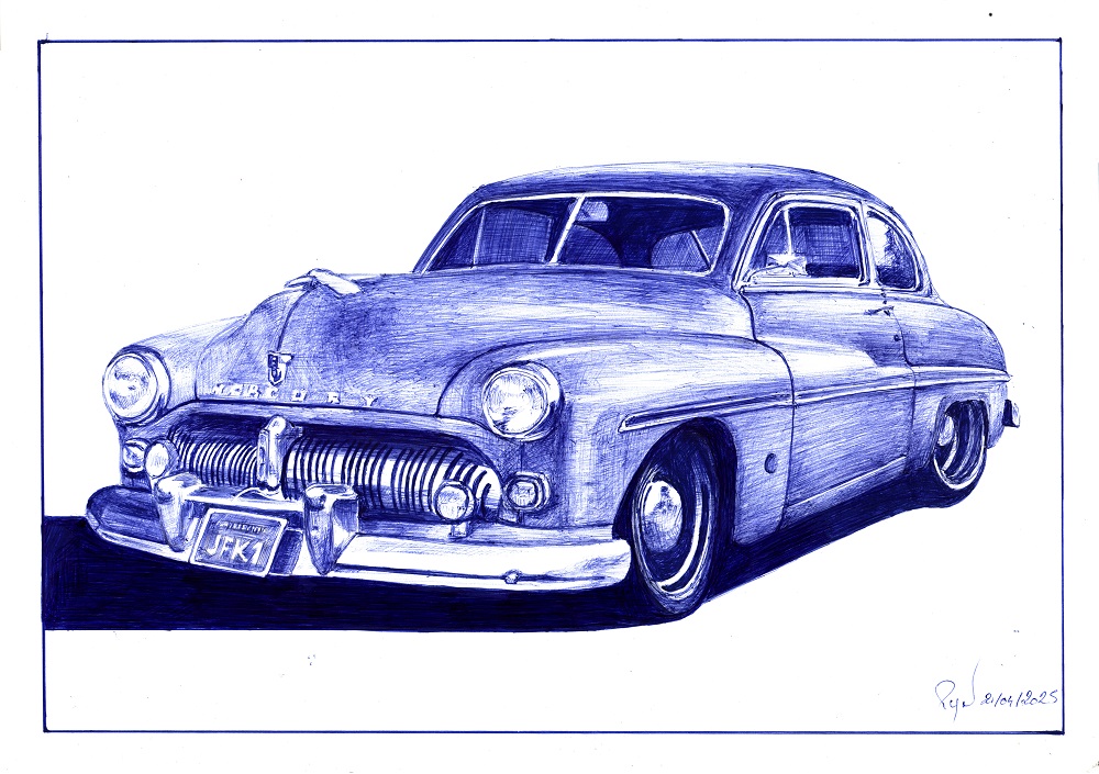 "Code Mercury" - Reproduction numérotée de 1 à 40 et signée de l'artiste. Dessin original réalisé au stylo-bille Bic bleu, sur papier lisse multitechnique 250g/m² au format A3 - Reproduction en tirage laser sur papier lisse 210g/m² au format A3.