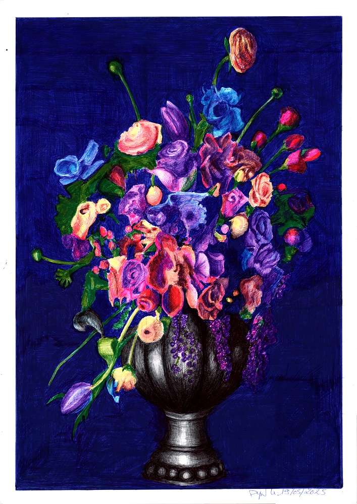 "L’enfeu d’artifice" - Reproduction numérotée de 1 à 40 et signée de l'artiste. Dessin original réalisé au stylo-bille Bic de différentes couleurs, sur papier lisse multitechnique 250g/m² au format A3 - Reproduction en tirage laser sur papier lisse 210g/m² au format A3.