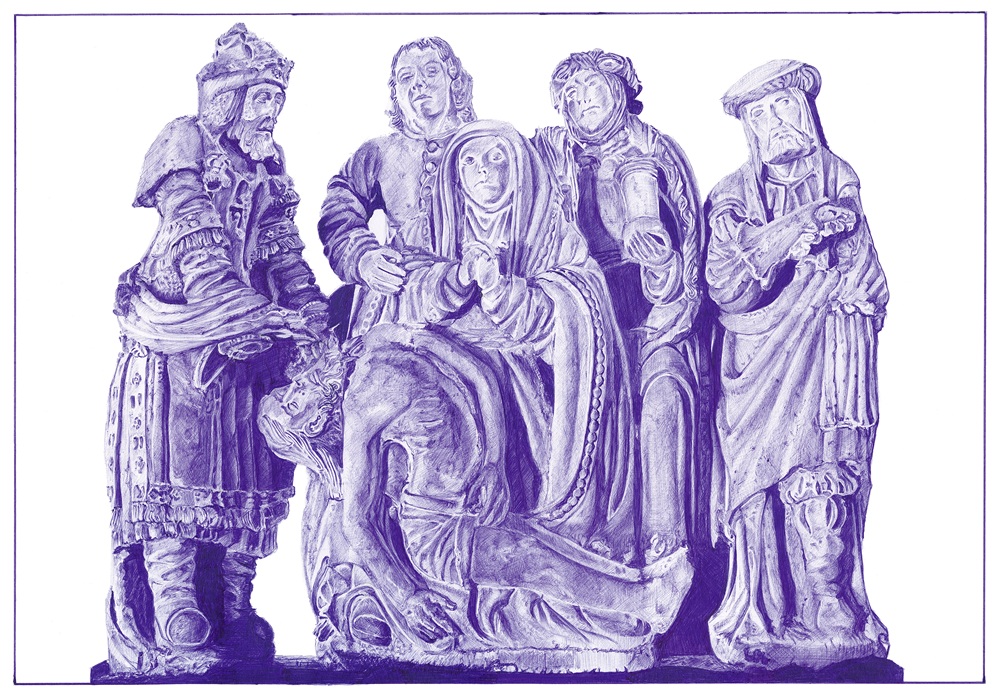 Pieta - Notre Dame de Bon Secours - Locronan Reproduction signée de l'artiste. Dessin original réalisé au stylo-bille Bic bleu, sur papier lisse multitechnique 250g/m² au format A2